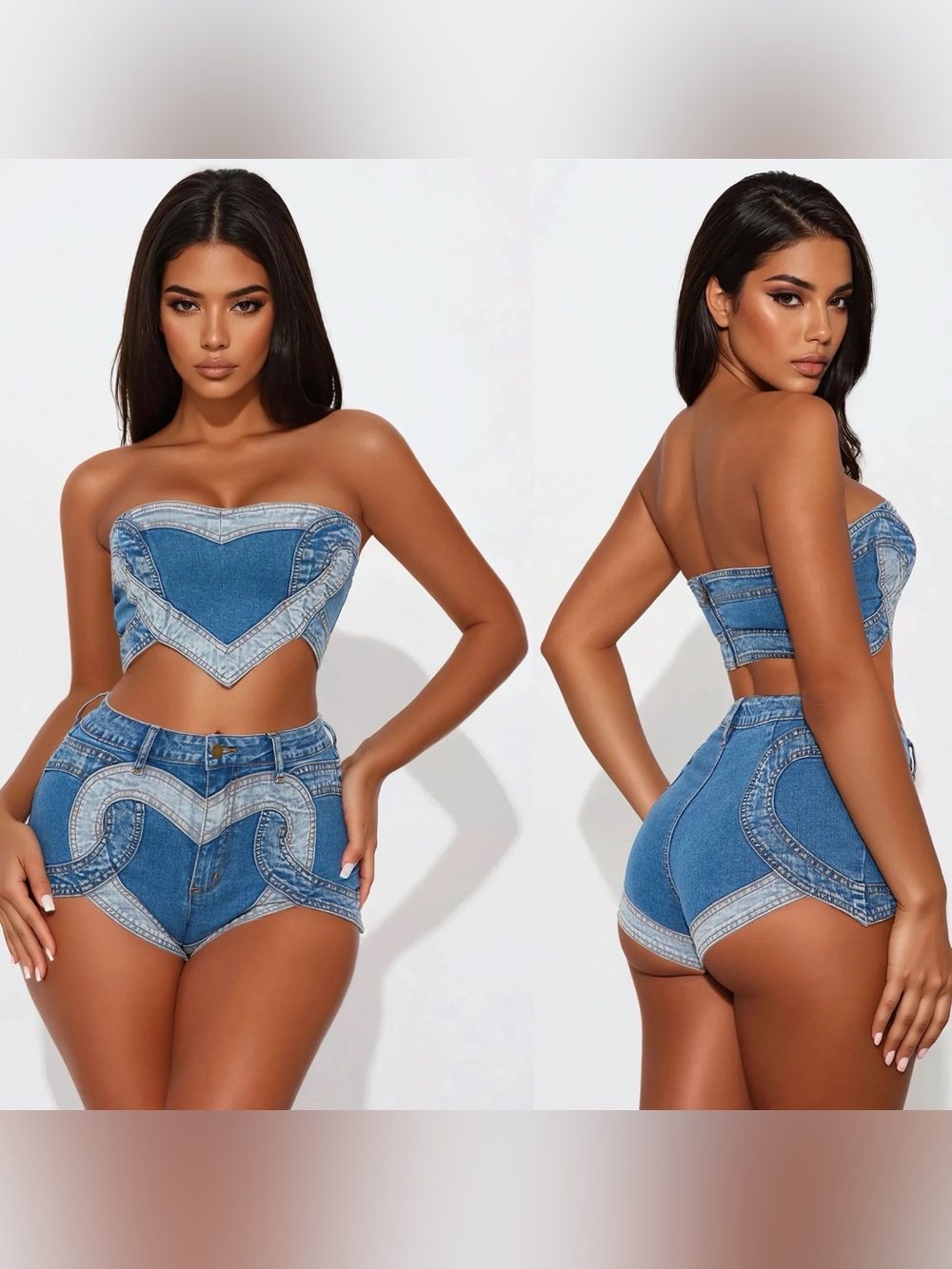 Fashion Nova | Two-Piece Heart Accent Denim Crop Top & Shorts Set | NWOT | M